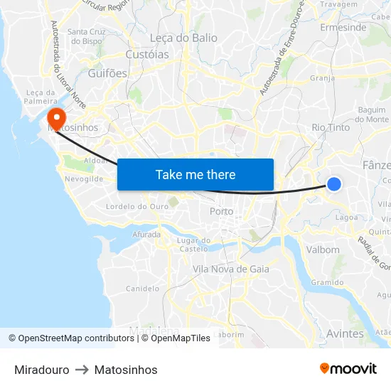 Miradouro to Matosinhos map