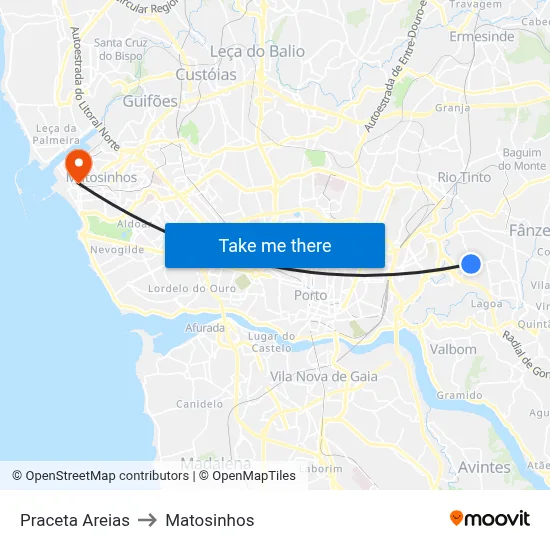 Praceta Areias to Matosinhos map