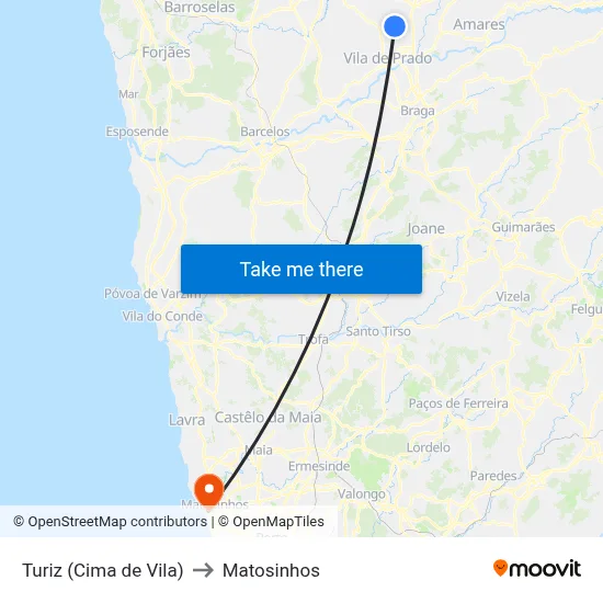 Turiz (Cima de Vila) to Matosinhos map