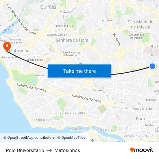 Polo Universitário to Matosinhos map