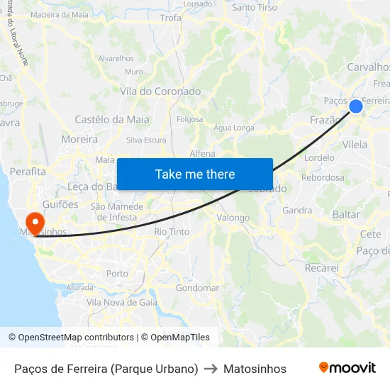 Paços de Ferreira (Parque Urbano) to Matosinhos map