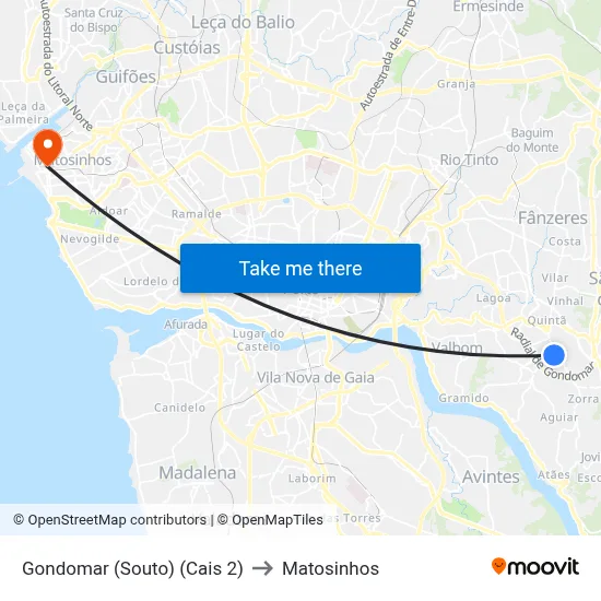 Gondomar (Souto) (Cais 2) to Matosinhos map