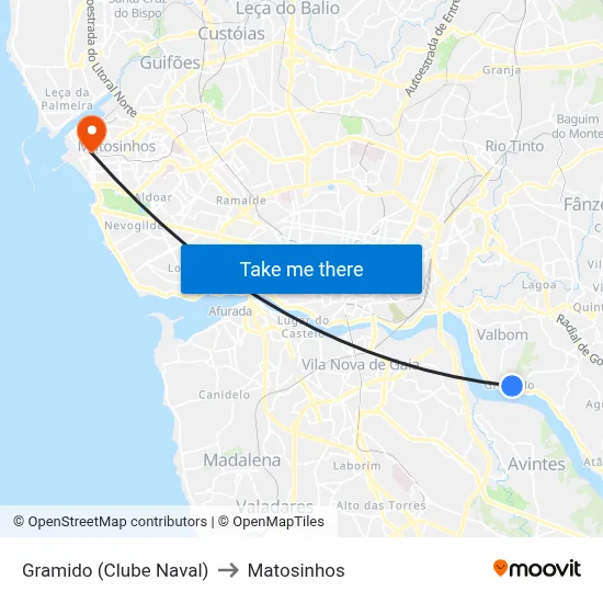 Gramido (Clube Naval) to Matosinhos map
