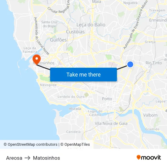 Areosa to Matosinhos map