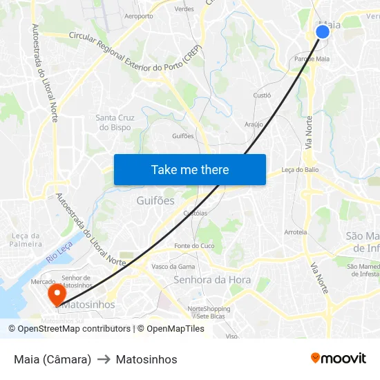 Maia (Câmara) to Matosinhos map