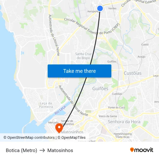 Botica (Metro) to Matosinhos map