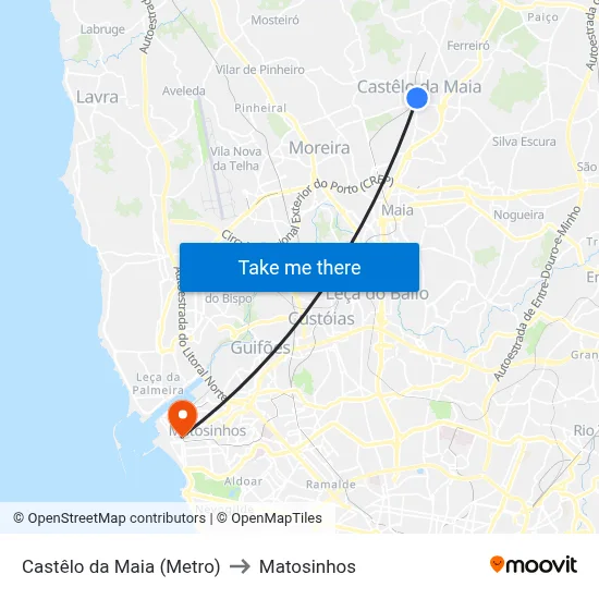 Castêlo da Maia (Metro) to Matosinhos map