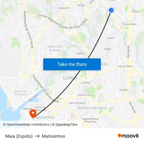 Maia (Espido) to Matosinhos map