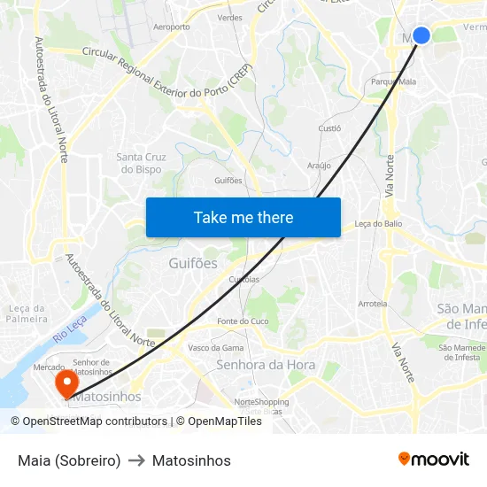 Maia (Sobreiro) to Matosinhos map