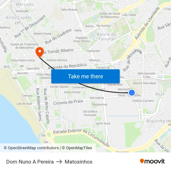 Dom Nuno A Pereira to Matosinhos map