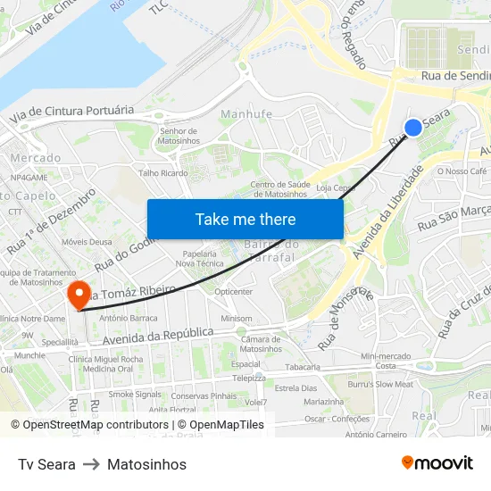 Tv Seara to Matosinhos map