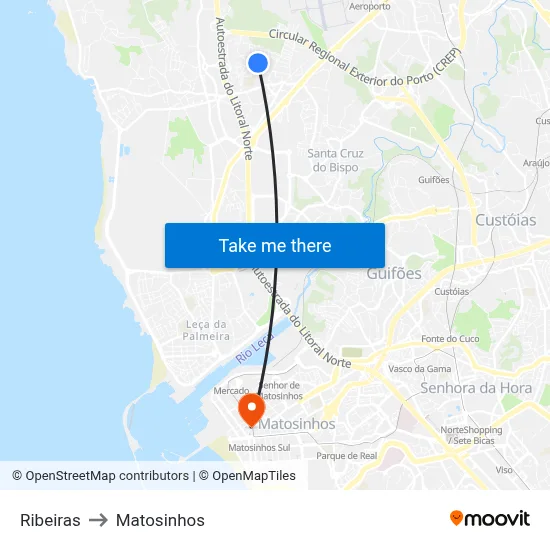 Ribeiras to Matosinhos map