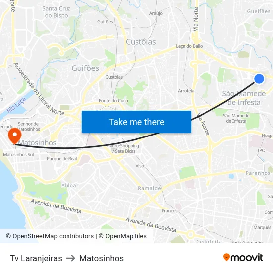 Tv Laranjeiras to Matosinhos map