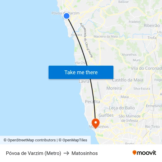 Póvoa de Varzim (Metro) to Matosinhos map