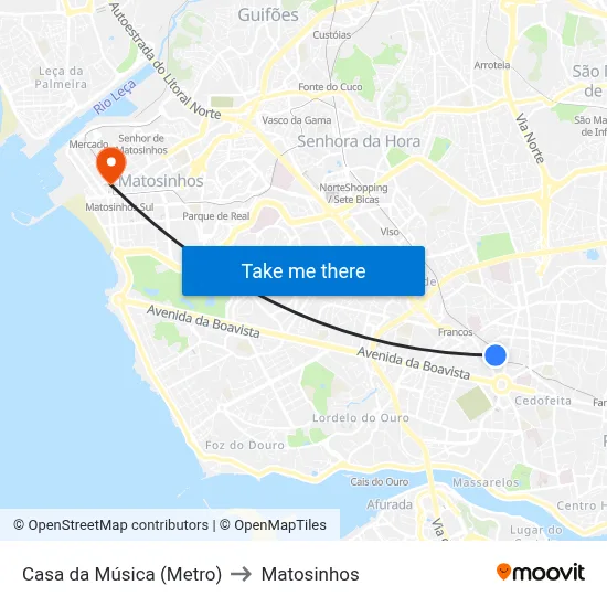 Casa da Música (Metro) to Matosinhos map