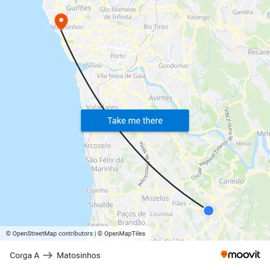 Corga A to Matosinhos map