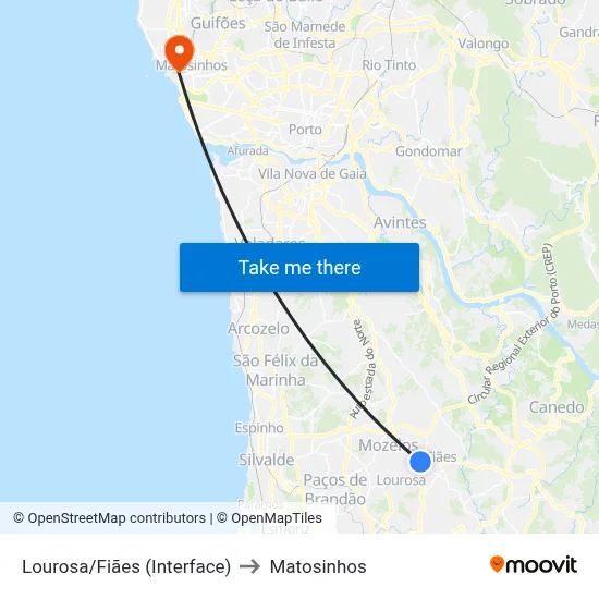 Lourosa/Fiães (Interface) to Matosinhos map