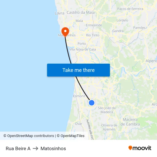 Rua Beire A to Matosinhos map