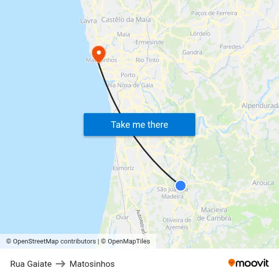 Rua Gaiate to Matosinhos map
