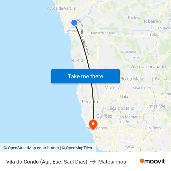 Vila do Conde (Agr. Esc. Saúl Dias) to Matosinhos map