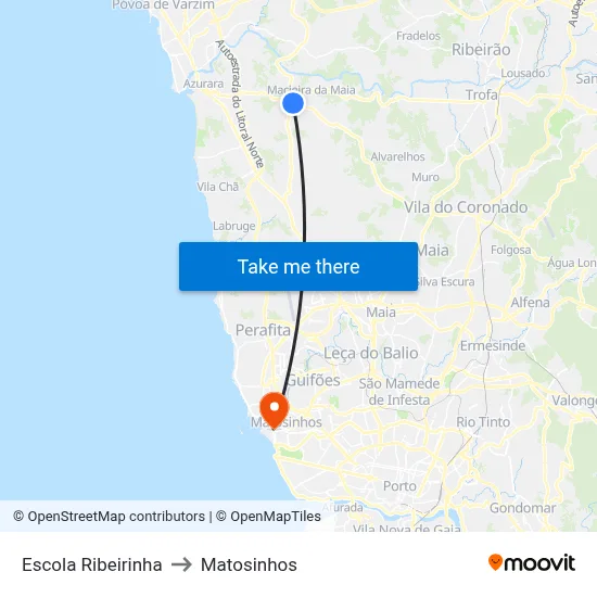 Escola Ribeirinha to Matosinhos map