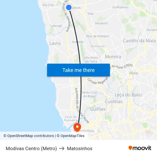 Modivas Centro (Metro) to Matosinhos map