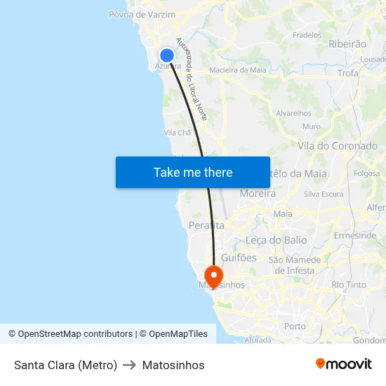 Santa Clara (Metro) to Matosinhos map