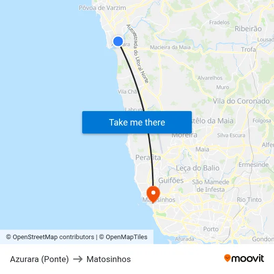 Azurara (Ponte) to Matosinhos map