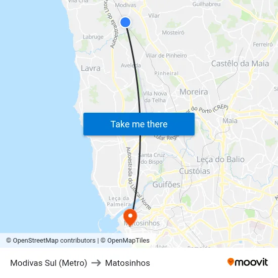 Modivas Sul (Metro) to Matosinhos map