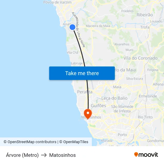 Árvore (Metro) to Matosinhos map