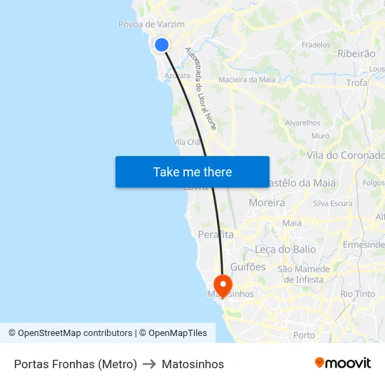 Portas Fronhas (Metro) to Matosinhos map