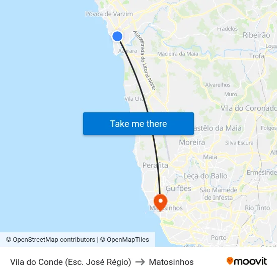 Vila do Conde (Esc. José Régio) to Matosinhos map