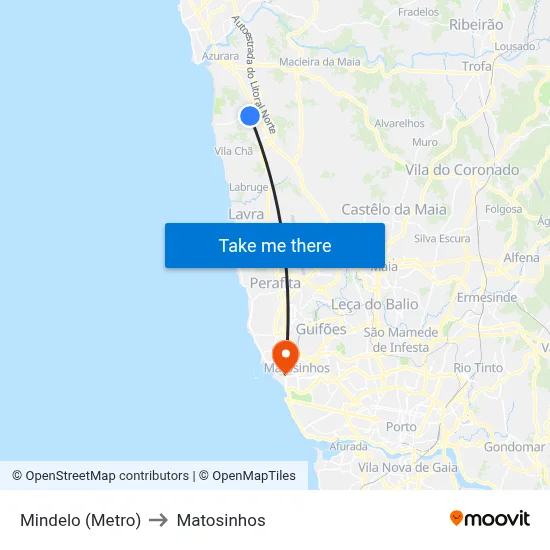 Mindelo (Metro) to Matosinhos map