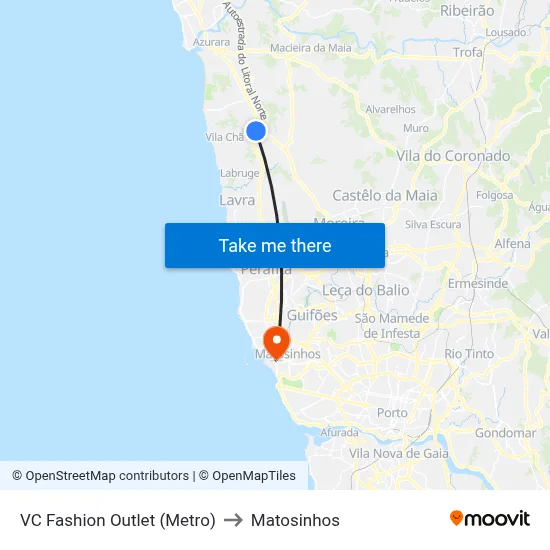 VC Fashion Outlet (Metro) to Matosinhos map