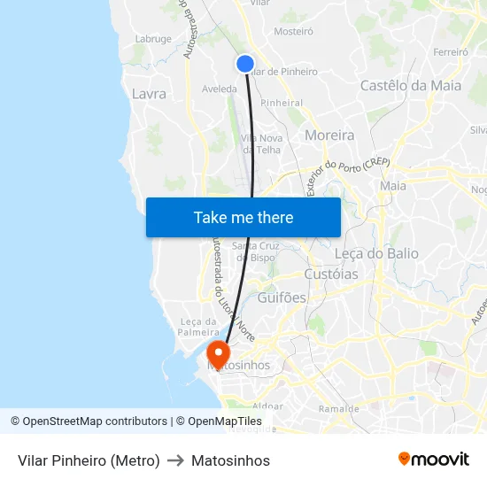 Vilar Pinheiro (Metro) to Matosinhos map