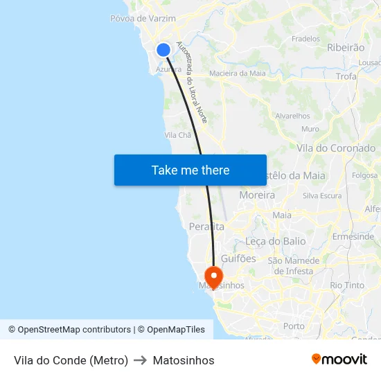 Vila do Conde (Metro) to Matosinhos map