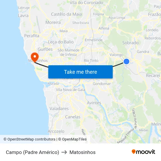 Campo (Padre Américo) to Matosinhos map
