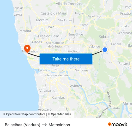 Balselhas (Viaduto) to Matosinhos map