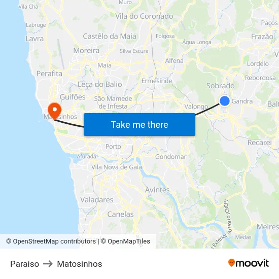 Paraiso to Matosinhos map