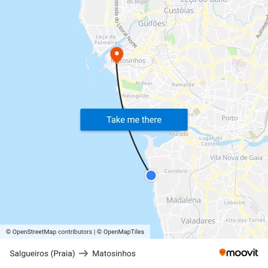 Salgueiros (Praia) to Matosinhos map