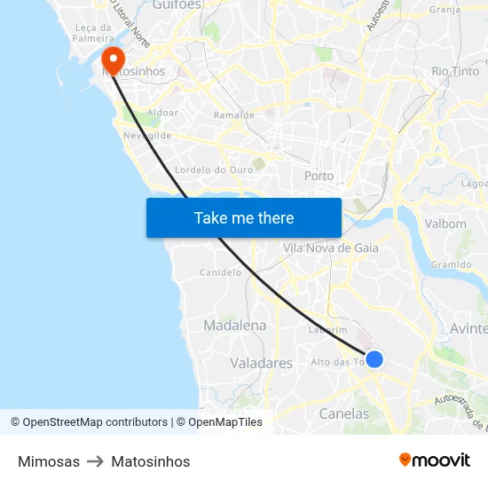 Mimosas to Matosinhos map