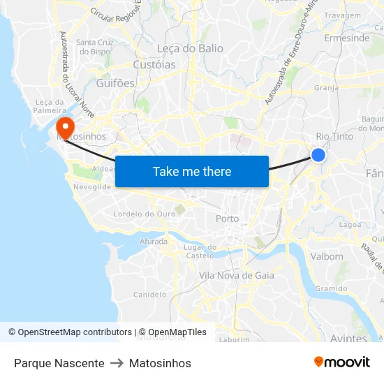 Parque Nascente to Matosinhos map