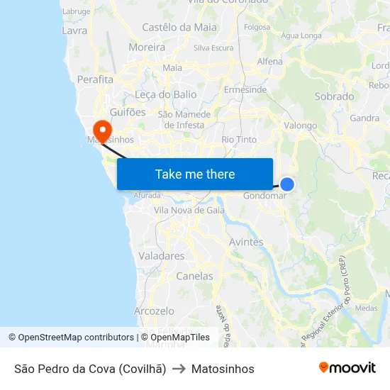 São Pedro da Cova (Covilhã) to Matosinhos map