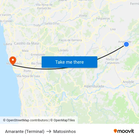Amarante (Terminal) to Matosinhos map