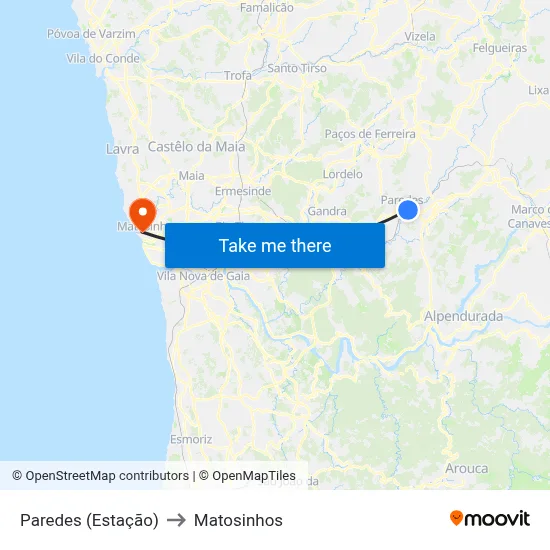 Paredes (Estação) to Matosinhos map