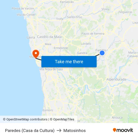 Paredes (Casa da Cultura) to Matosinhos map