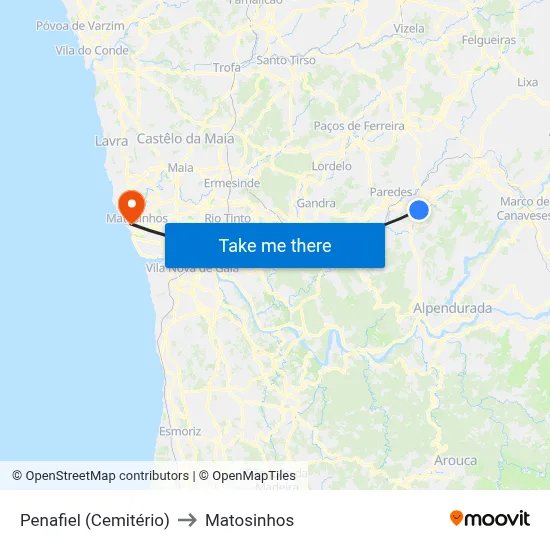 Penafiel (Cemitério) to Matosinhos map