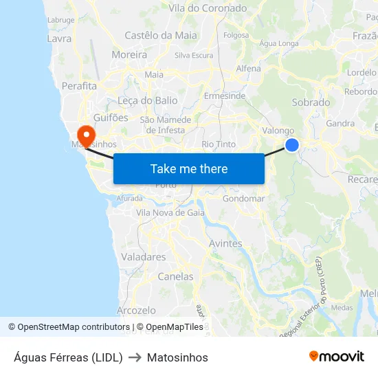 Águas Férreas (LIDL) to Matosinhos map