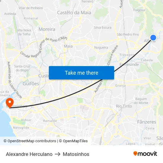 Alexandre Herculano to Matosinhos map