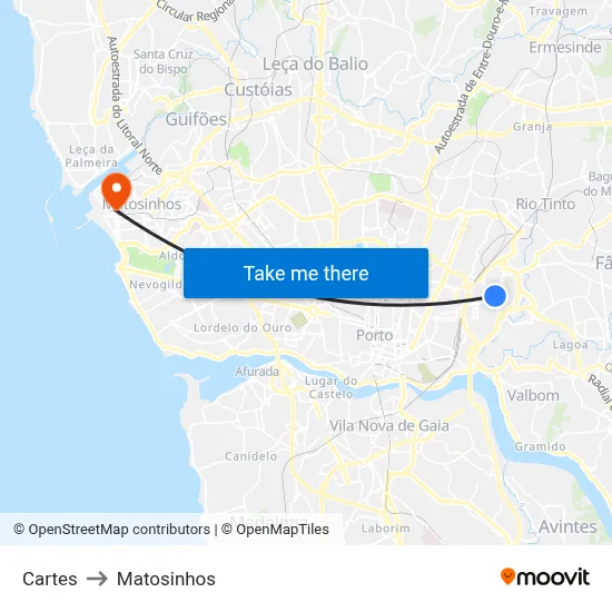Cartes to Matosinhos map